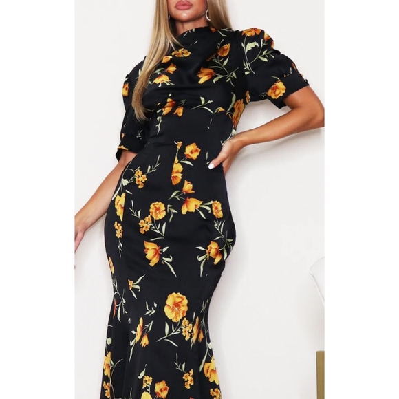Black Floral Puff Sleeve Draped Neck Midi Dress - Picture 4 of 4